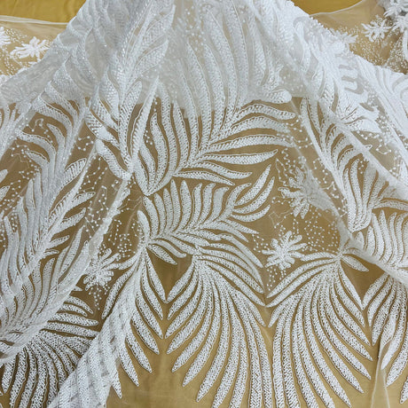 1 Yard Beaded and Corded Bridal Lace Fabric Embroidered on Polyester Net Mesh