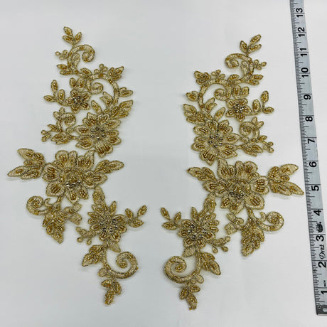 Beaded Corded Floral Lace Applique Embroidered Polyester Net Mesh Fabric - Floral Applique, 12.5" X 5" (1 Pair)