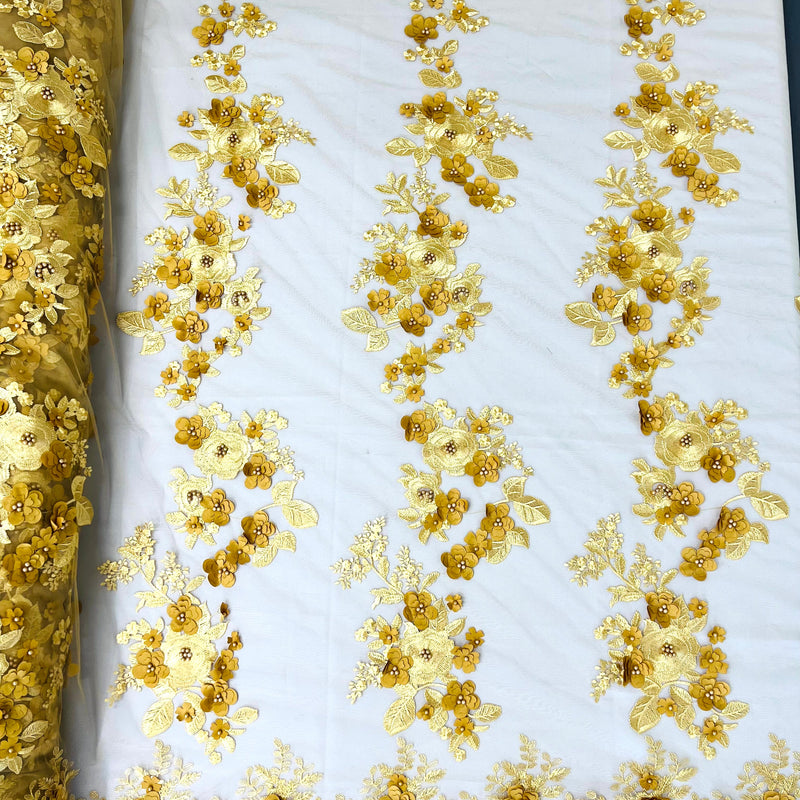 Scarlet 3D Floral Design Lace Fabric - Embroidered Beaded Mesh Lace, Double Scallop, 54" Width (1 Yard)