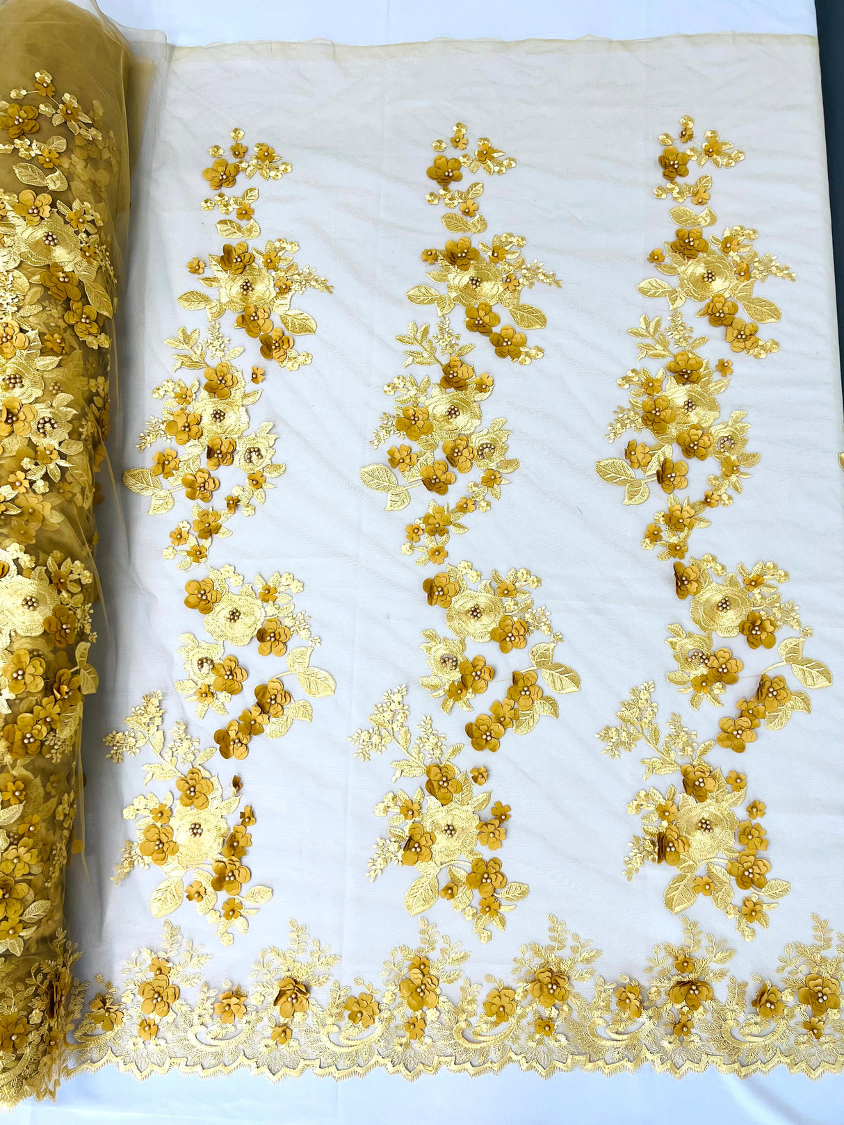 Scarlet 3D Floral Design Lace Fabric - Embroidered Beaded Mesh Lace, Double Scallop, 54" Width (1 Yard)