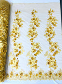 Scarlet 3D Floral Design Lace Fabric - Embroidered Beaded Mesh Lace, Double Scallop, 54" Width (1 Yard)