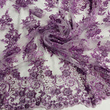 1 Yard Beaded and Corded Bridal Lace Fabric Embroidered on Polyester Net Mesh