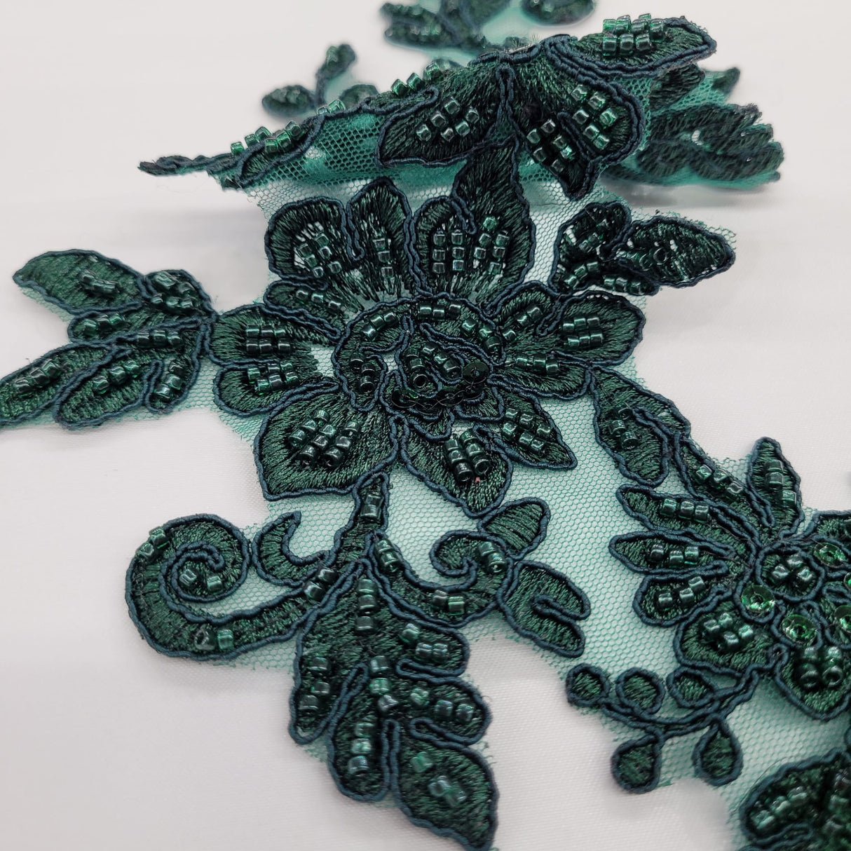Beaded Corded Floral Lace Applique on Polyester Net Mesh