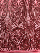 Feather Damask Shiny Sequin Design 4 Way Stretch Mesh Fabric - Iridescent Sequin Embroidered Mesh, 48-50" Width, 36" Length (1 Yard)