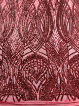 Feather Damask Shiny Sequin Design 4 Way Stretch Mesh Fabric - Iridescent Sequin Embroidered Mesh, 48-50" Width, 36" Length (1 Yard)