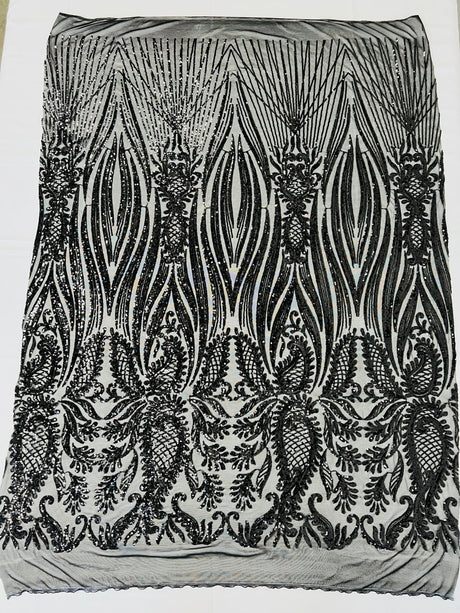 Paisley Sequin Design 4 Way Stretch Mesh Fabric - Nude Paisley Embroidered Iridescent Sequins, 48-50" Width, 36" Length (1 Yard)