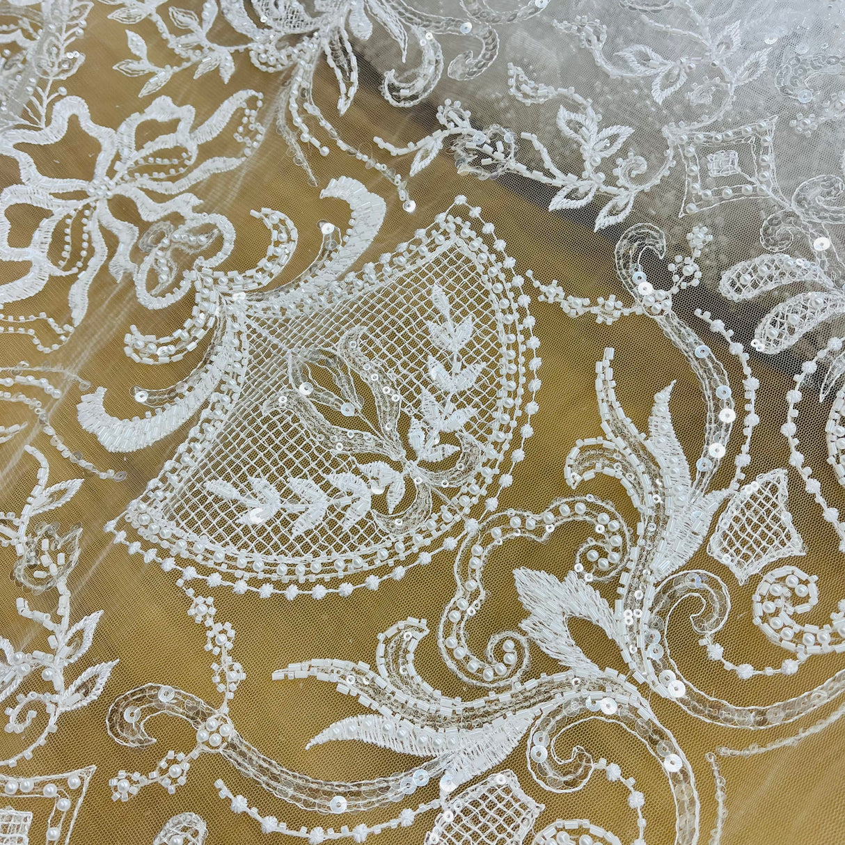 Beaded Lace Fabric on Polyester Net Mesh