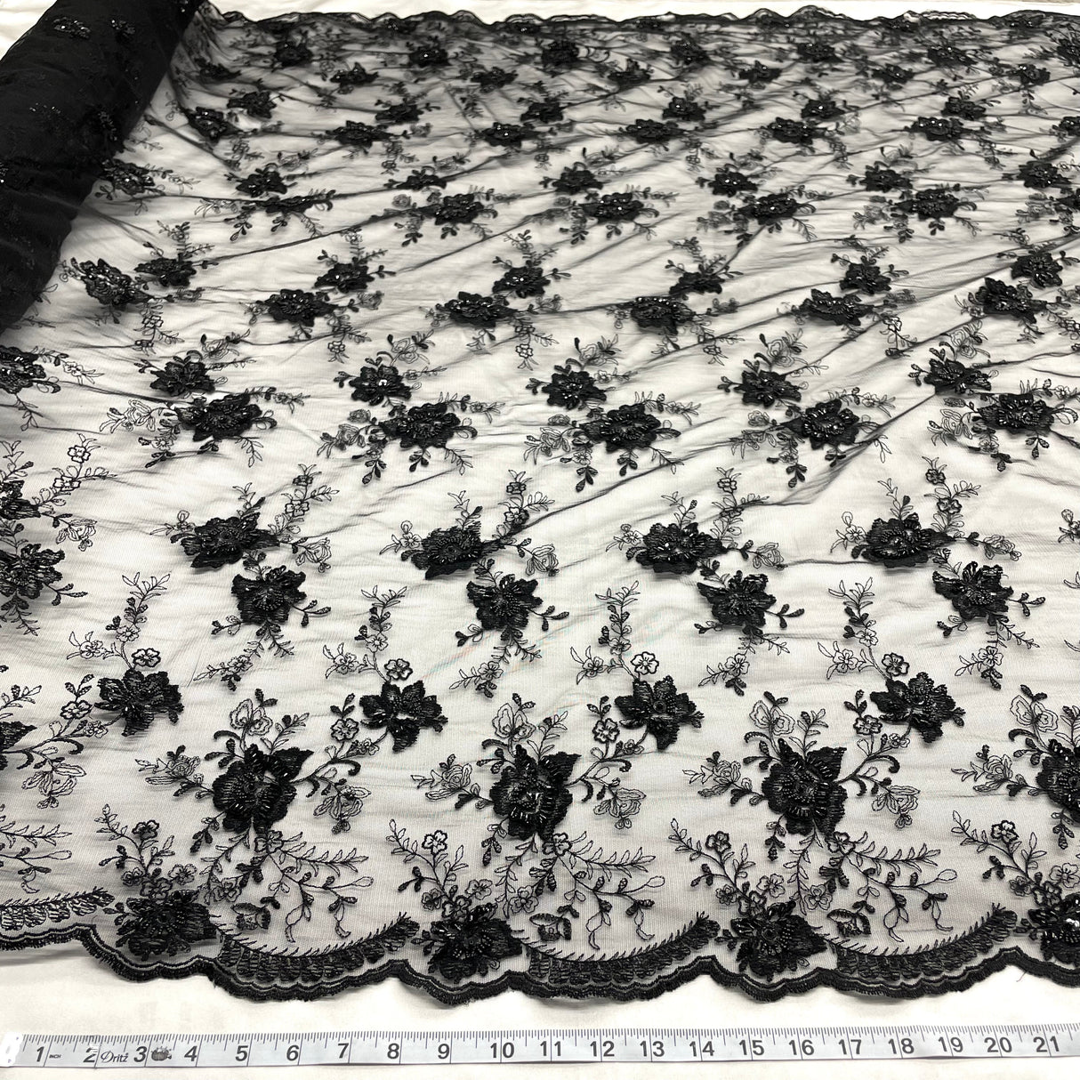 Beaded Lace Fabric Embroidered On 100 Percent Polyester Net Mesh - Black, 53" Width (1 Yard)