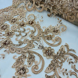 Ethereal Elegance Beaded Corded Bridal Embroidered Lace Polyester Fabric - White, Gold, Ivory, Silver, Rose Gold, 54" Width (1 Yard)