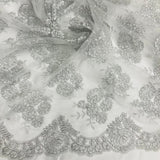 1 Yard - Corded Bridal Lace Fabric Embroidered on 100% Polyester Net Mesh - 50"
