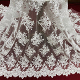 1 Yard Beaded and Corded Bridal Lace Fabric Embroidered on Polyester Net Mesh