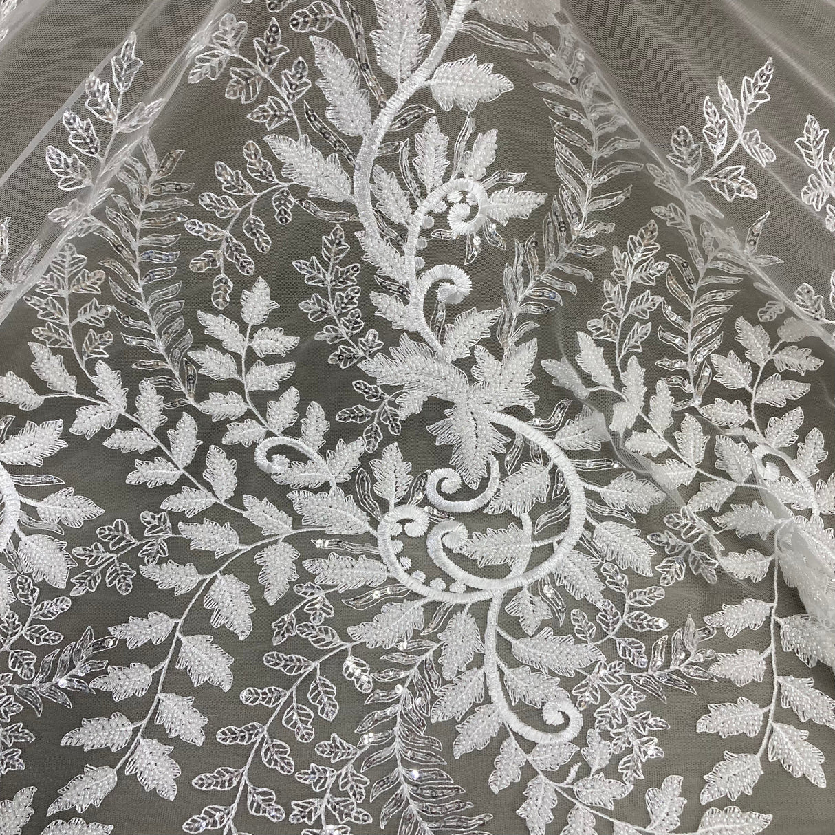 Beaded Sequined Lace Fabric on Polyester Net Mesh