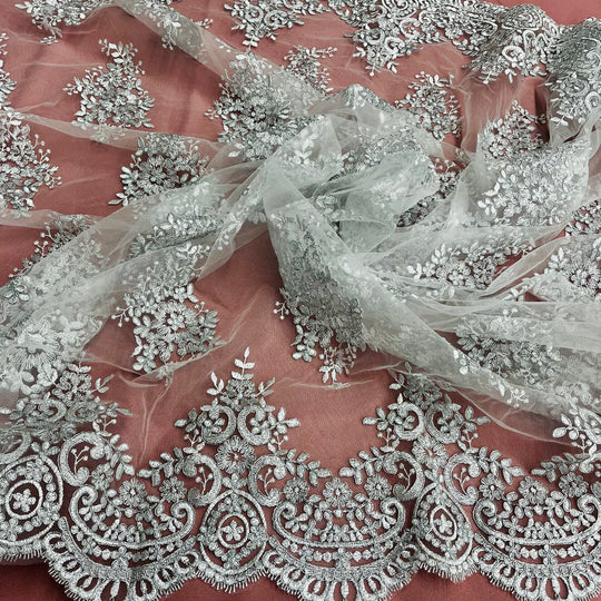 1 Yard Silver Corded Bridal Lace Fabric Embroidered on Polyester Net Mesh Elegant Design 56 Inch Width