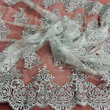1 Yard Silver Corded Bridal Lace Fabric Embroidered on Polyester Net Mesh Elegant Design 56 Inch Width