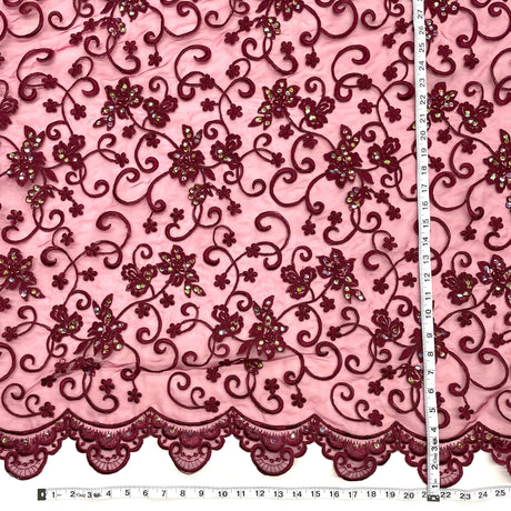 Beaded Corded Bridal Lace Wine