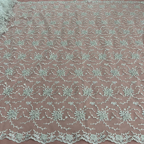 1 Yard Deluxe Beaded and Corded Bridal Lace Fabric Embroidered on Polyester Net Mesh