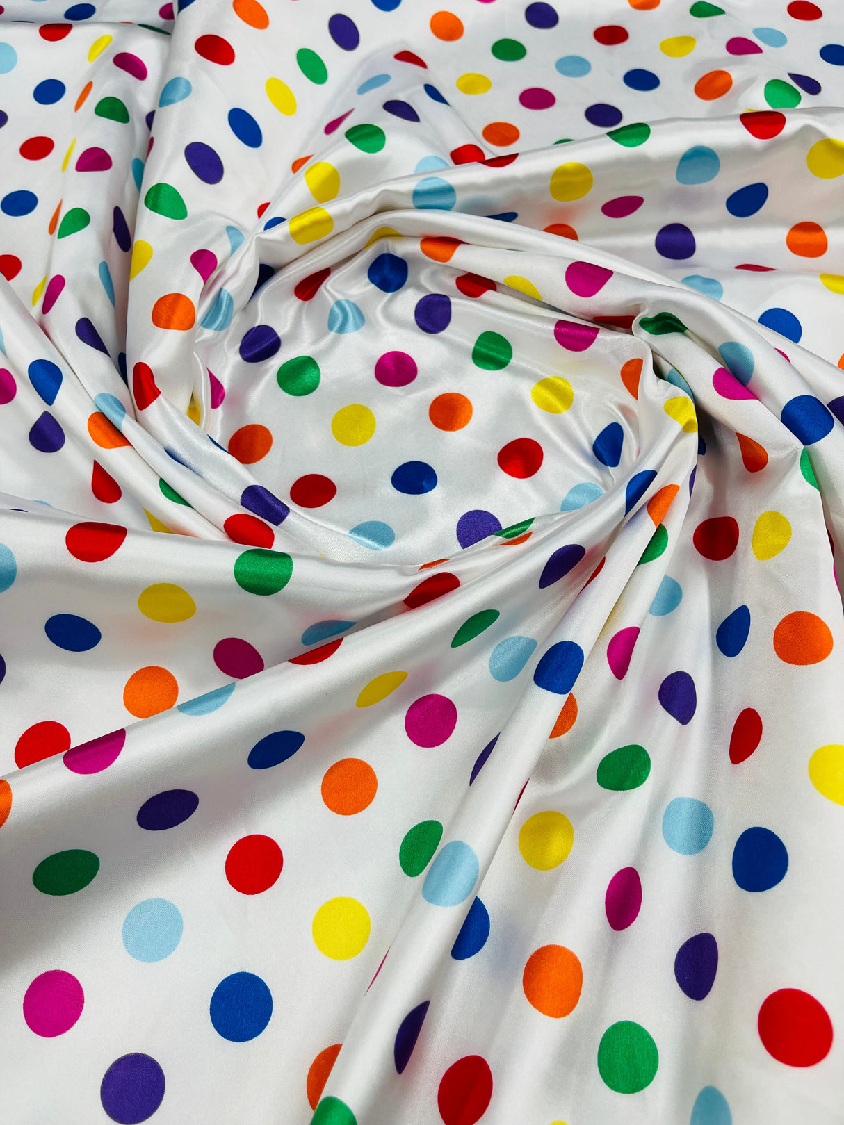 Polka Dot Satin 100 Percent Polyester Charmeuse Fabric - White Polka Dot On Red, 58" Width (1 Yard)