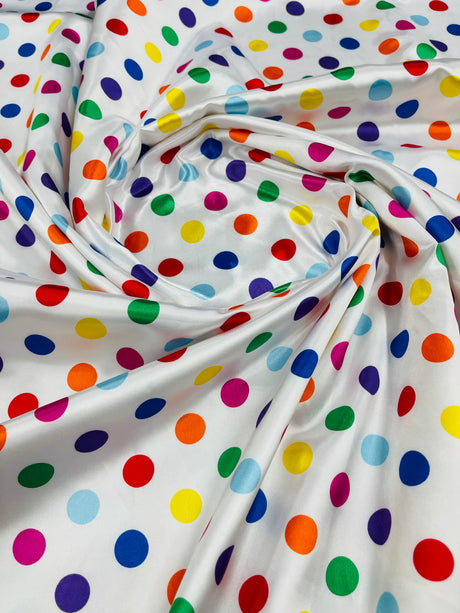Polka Dot Satin 100 Percent Polyester Charmeuse Fabric - White Polka Dot On Red, 58" Width (1 Yard)