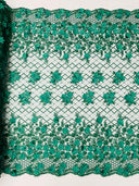 Lia 3D Floral Design Lace Fabric - Beaded Mesh, Double Scallop, 54" Width (1 Yard)