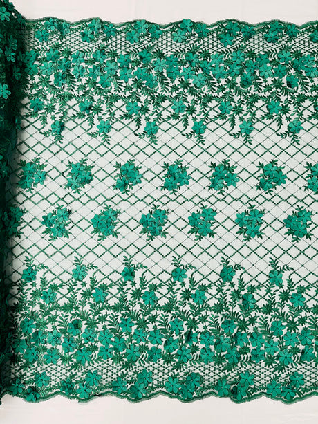 Lia 3D Floral Design Lace Fabric - Beaded Mesh, Double Scallop, 54" Width (1 Yard)