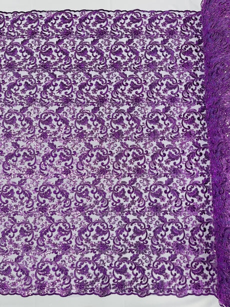 Angela Metallic Corded Lace Fabric - Embroidered Sequins Mesh Lace, Double Scallop Edge, 50-54" Width (1 Yard)