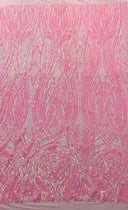 Feather Damask Shiny Sequin Design 4 Way Stretch Mesh Fabric - Iridescent Sequin Embroidered Mesh, 48-50" Width, 36" Length (1 Yard)