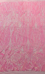 Feather Damask Shiny Sequin Design 4 Way Stretch Mesh Fabric - Iridescent Sequin Embroidered Mesh, 48-50" Width, 36" Length (1 Yard)