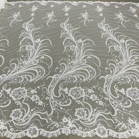 1 Yard Beaded Corded Bridal Lace Fabric Embroidered 100 Percent Polyester Net Mesh 52 inch Width
