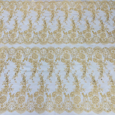 Beaded Corded Bridal Lace Fabric - Embroidered Net Mesh, 48" Width (1 Yard)