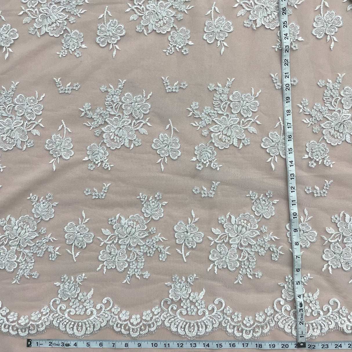 Beaded Lace Fabric Embroidered On 100 Percent Polyester Net Mesh - Ivory With Silver, White With Silver, 54" Width (1 Yard)