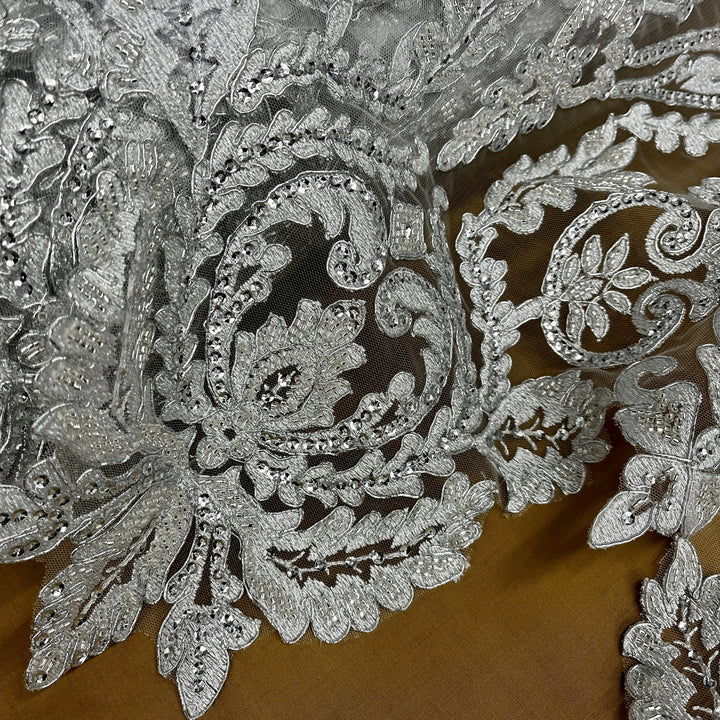 1 Yard Stunning Beaded and Corded Bridal Lace Fabric Embroidered on 100% Polyester Net Mesh White