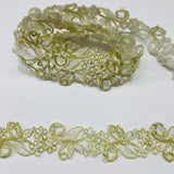 Beaded & Corded Lace Trimming Embroidered On 100 Percent Polyester Organza Fabric - Metallic Plum, 1.5" Width (1 Yard)