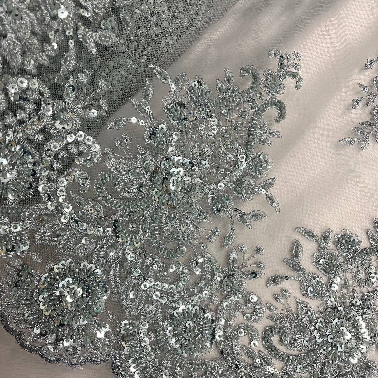 Beaded Lace Fabric on Polyester Net Mesh
