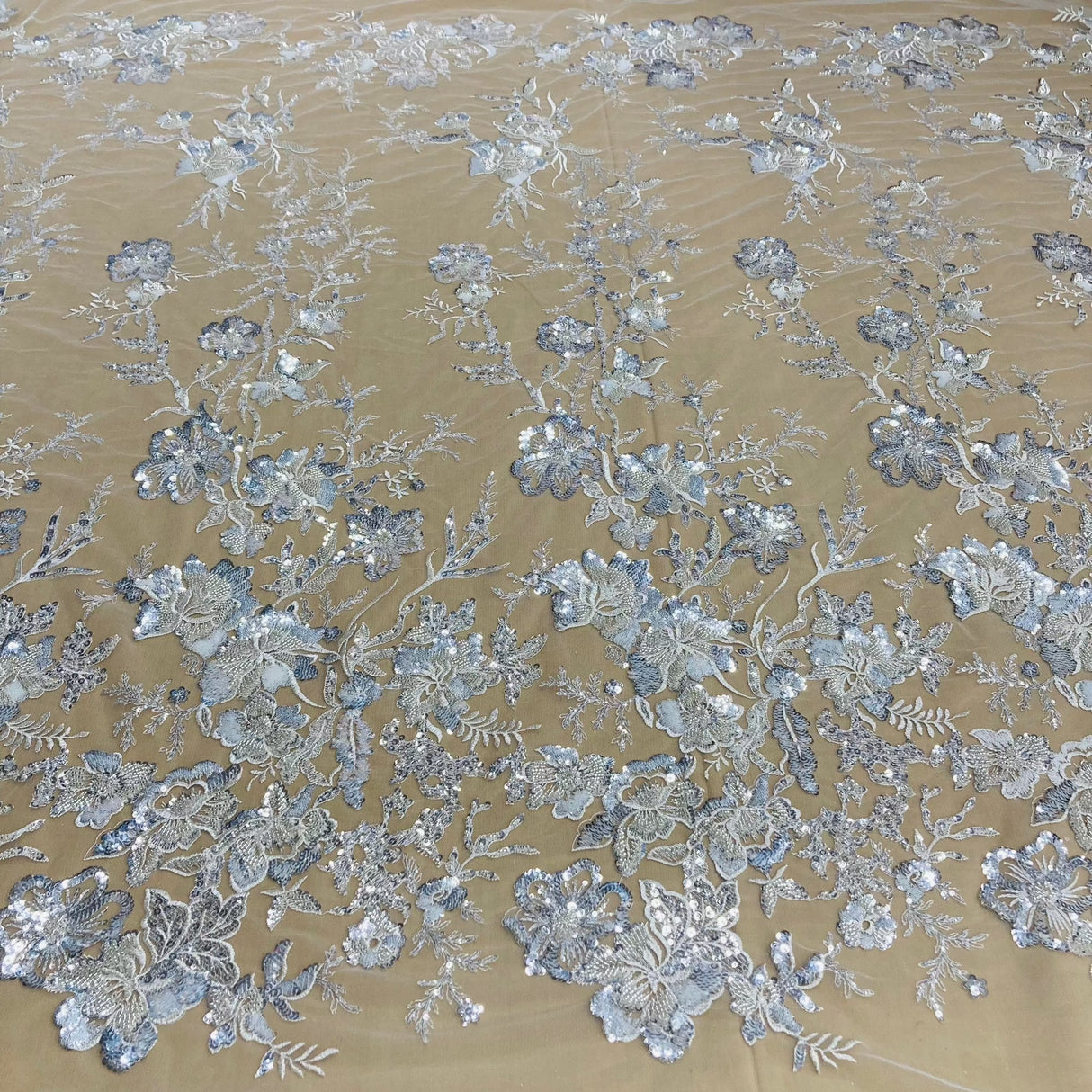 Beaded Sequined Lace Fabric Ivory