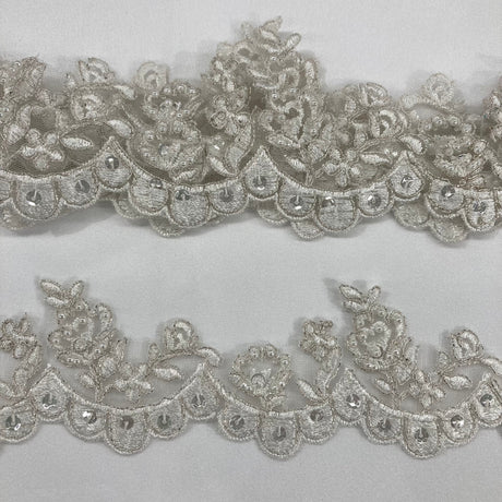 Beaded Corded Floral Lace Trimming Polyester Fabric - Floral Embroidered Net Mesh, 2" Width (1 Yard)
