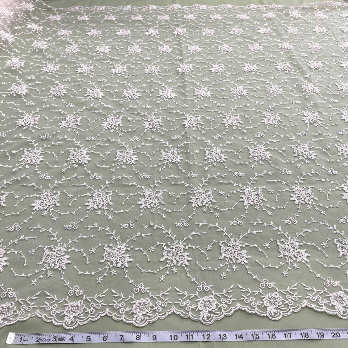 1 Yard Elegant Corded Bridal Lace Fabric on 100% Polyester Mesh, Embroidered Floral Design