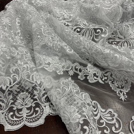 Embroidered Corded Bridal Lace Ivory Mesh
