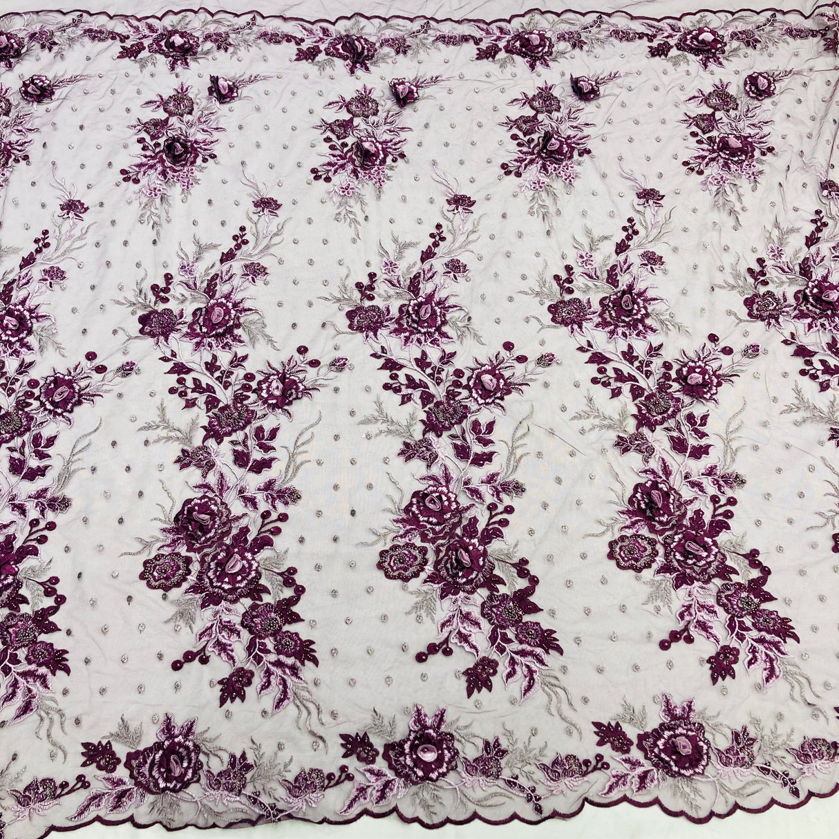 Beaded 3D Floral Lace Polyester Fabric - Embroidered Net Mesh, 50" Width, Purple, Gold, Royal, Red (1 Yard)