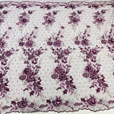 Beaded 3D Floral Lace Polyester Fabric - Embroidered Net Mesh, 50" Width, Purple, Gold, Royal, Red (1 Yard)