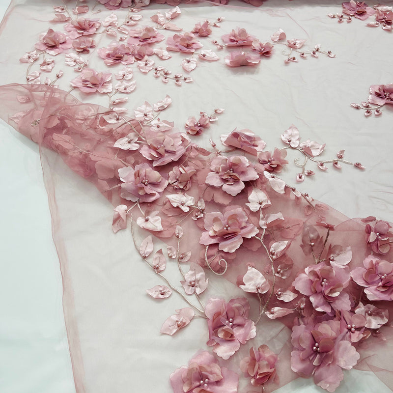 Orquidia 3D Floral Design Embroidered With Pearls Lace Fabric - 3D Floral Mesh Lace, 54" Width (1 Yard)