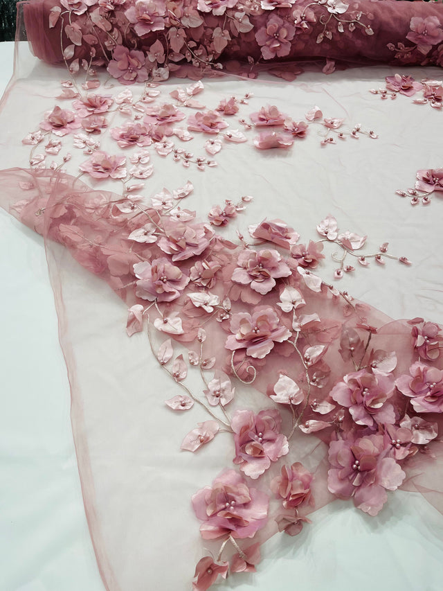 Orquidia 3D Floral Design Embroidered With Pearls Lace Fabric - 3D Floral Mesh Lace, 54" Width (1 Yard)