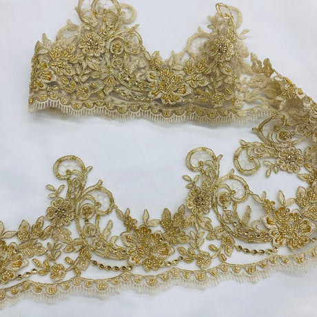 Beaded Corded Lace Trimming 100 Percent Polyester Net Mesh Fabric - Gold, Ivory, White, Silver, 6" Width (1 Yard)