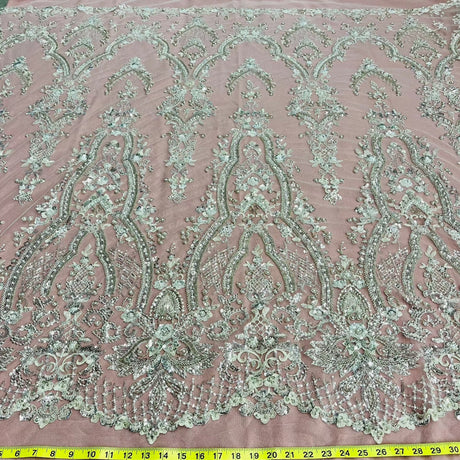 Beaded Lace Fabric Embroidered On 100 Percent Polyester Net Mesh Fabric - White, Ivory, Antique Silver, 52" Width (1 Yard)