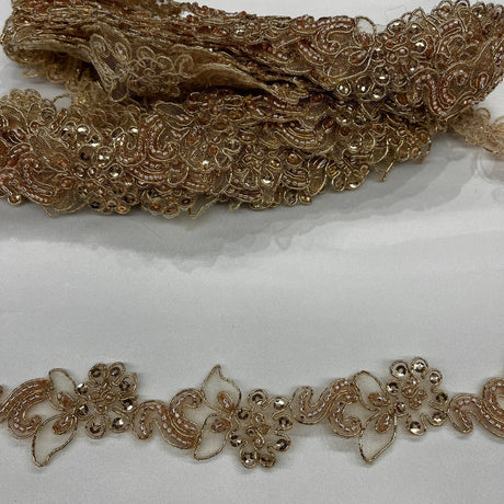 Beaded Corded Lace Trimming Embroidered On 100 Percent Polyester Fabric - Color Options, 2" Width (1 Yard)