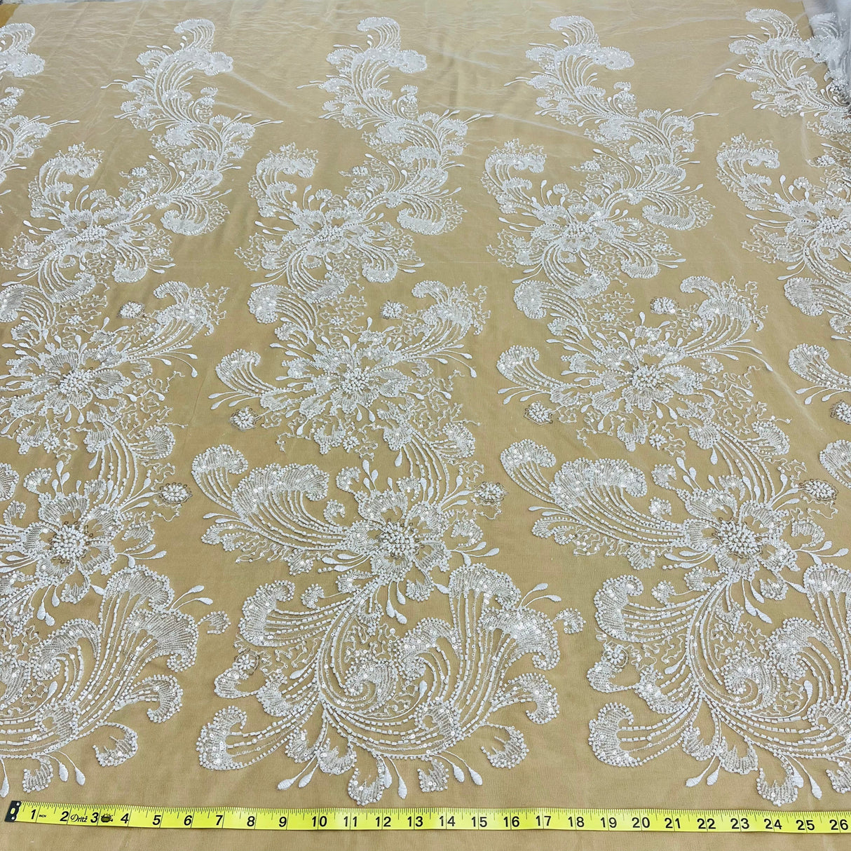 Beaded Lace Fabric on Polyester Net Mesh