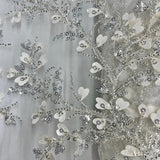 1 Yard Ivory with Silver Beaded 3D Floral Lace Fabric Embroidered on Polyester Net Mesh 54 Inch Width