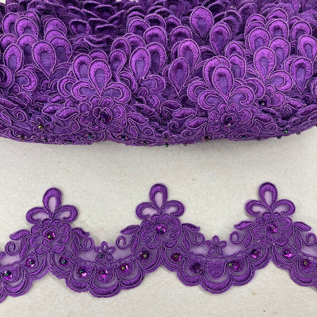 Beaded Lace Trimming Embroidered On 100 Percent Polyester Organza Fabric - Fuchsia, Lilac, Plum, Purple, Turquoise, 3" Width (1 Yard)