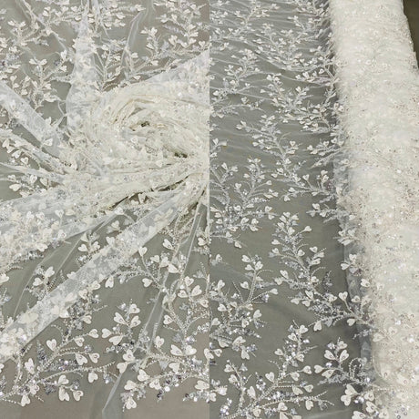 Beaded 3D Floral Lace Fabric Ivory with Silver 54"