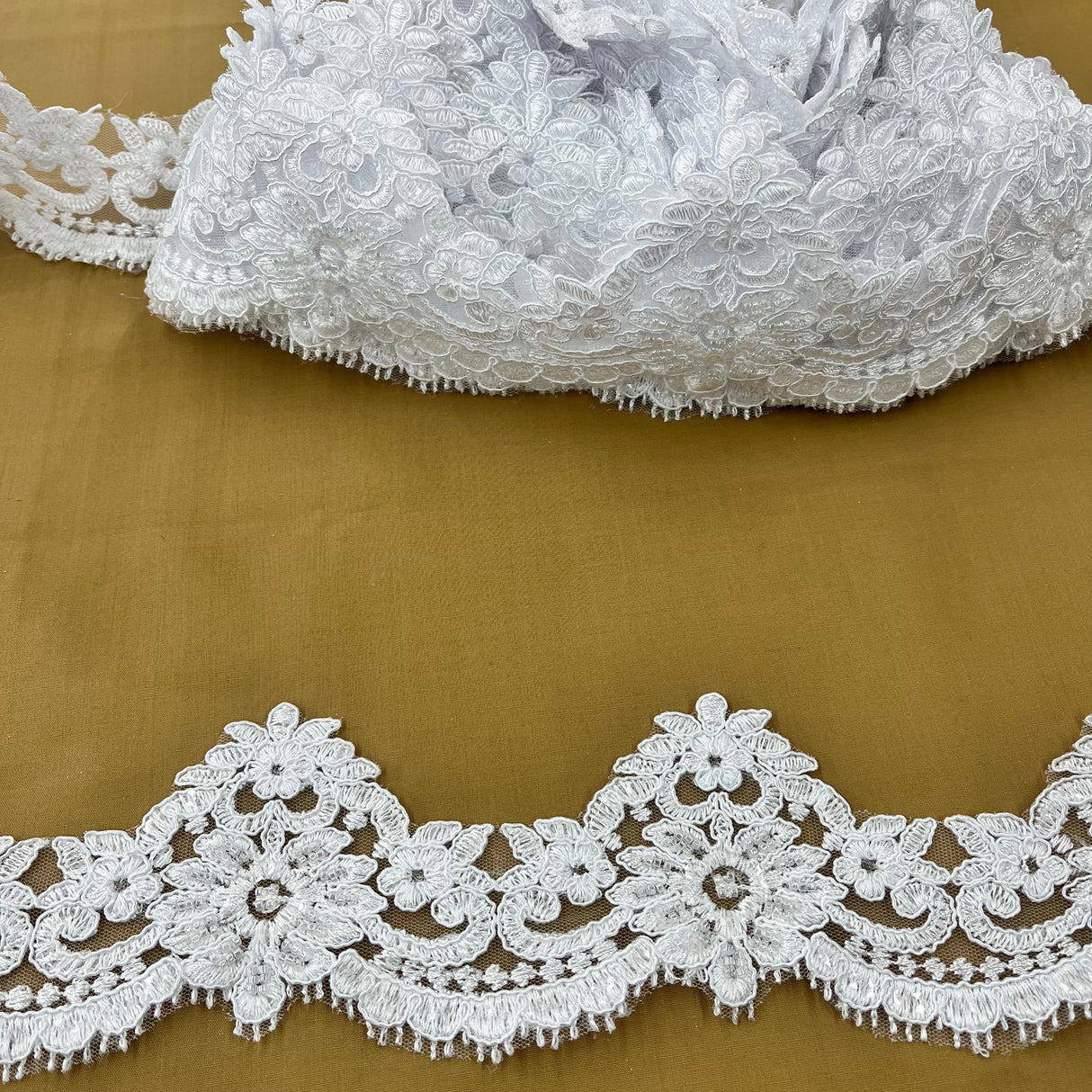 Beaded & Corded Lace Trimming Embroidered On 100% Polyester Net Mesh Fabric - White, Ivory, White/Silver, Ivory/Silver, 3" Width (1 Yard)