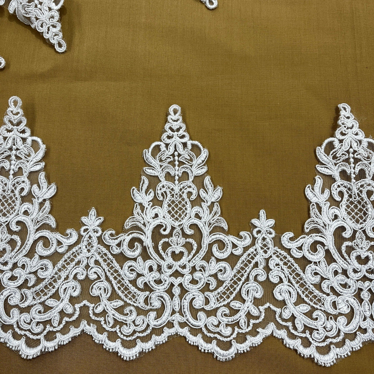 Corded Lace Trimming Embroidered On 100 Percent Polyester Net Mesh Fabric - Floral Corded Embroidery, 6" Wide (1 Yard)